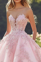 Laden Sie das Bild in den Galerie-Viewer, Prinzessin Blush Ballkleid Trägerloses Quinceanera Kleid aus Tüll mit Applikationen