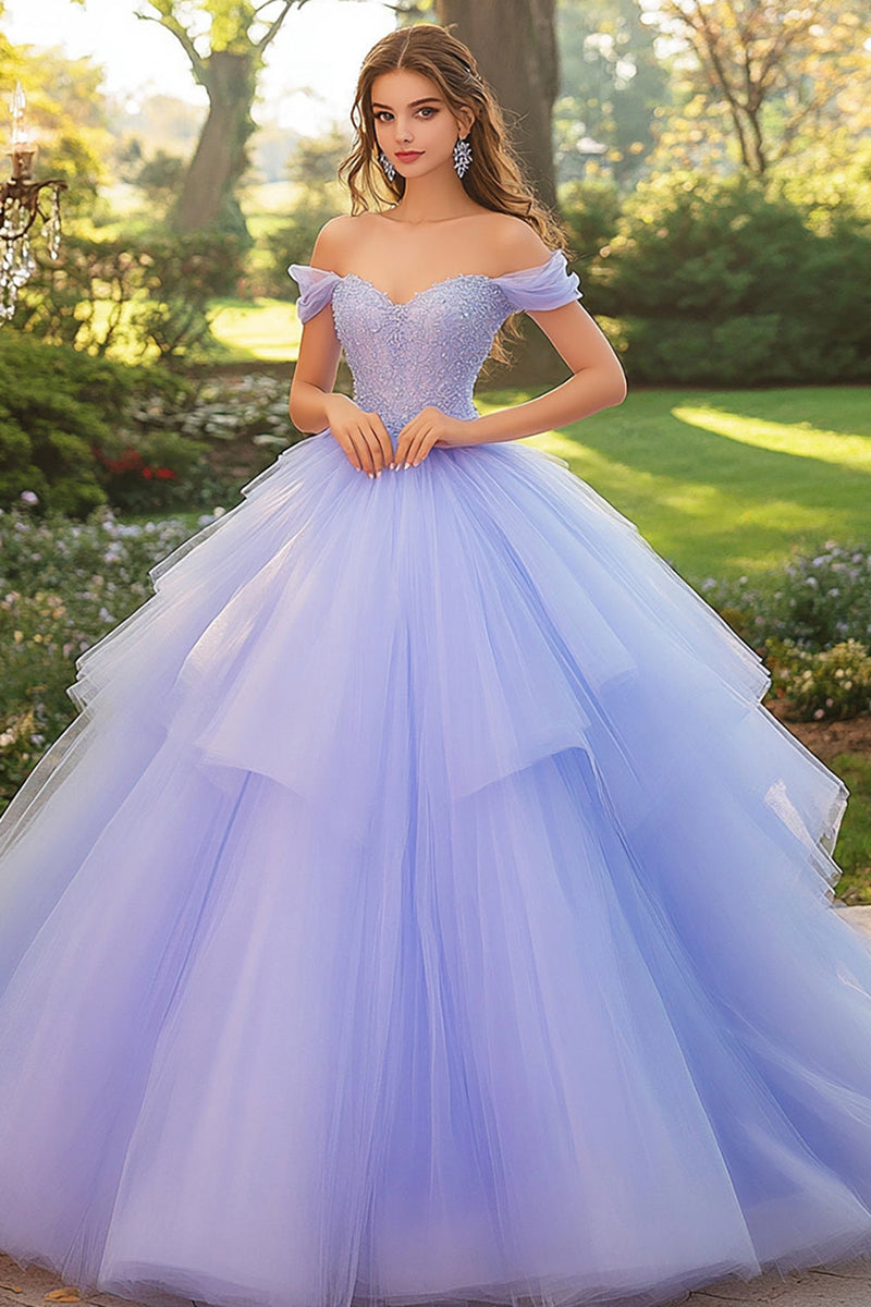Laden Sie das Bild in den Galerie-Viewer, Flieder Schulterfreies Ball Quinceanera Kleid aus Tüll mit Applikationen
