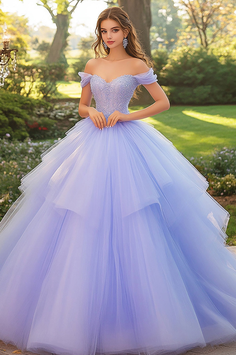 Flieder Schulterfreies Ball Quinceanera Kleid aus Tüll mit Applikationen