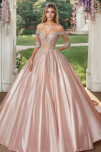 Schulterfreies Blush Halbärmeliges Satin Ball Quinceanera Kleid