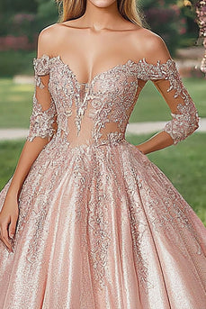 Schulterfreies Blush Halbärmeliges Satin Ball Quinceanera Kleid