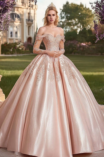 Schulterfreies Blush Langärmeliges Ball Quinceanera Kleid