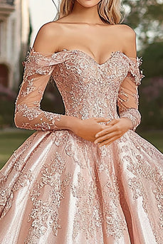 Schulterfreies Blush Langärmeliges Ball Quinceanera Kleid