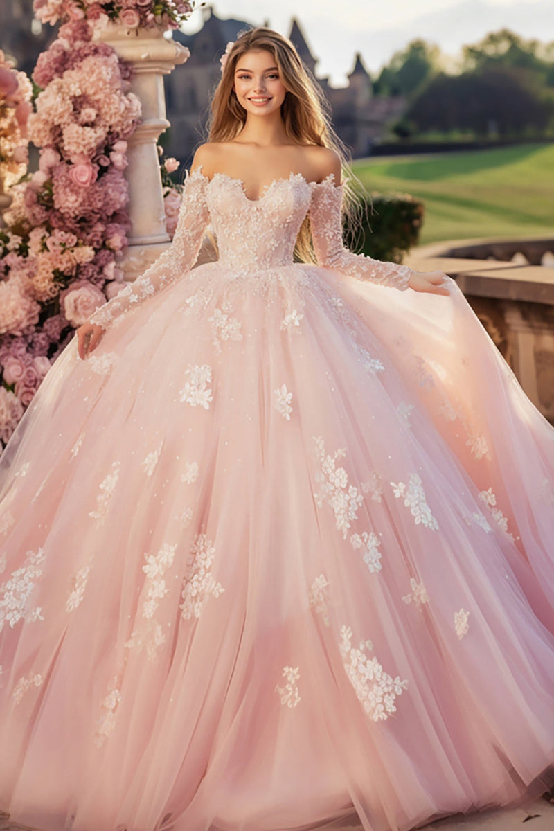 Laden Sie das Bild in den Galerie-Viewer, Prinzessin Rosa Ballkleid Schulterfrei Quinceanera Kleid aus Tüll mit langen Ärmeln und Spitzenapplikationen
