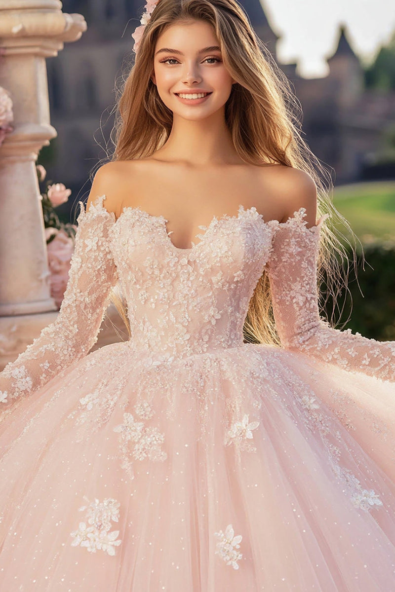 Laden Sie das Bild in den Galerie-Viewer, Prinzessin Rosa Ballkleid Schulterfrei Quinceanera Kleid aus Tüll mit langen Ärmeln und Spitzenapplikationen
