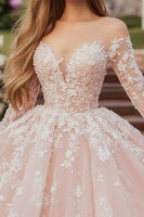 Laden Sie das Bild in den Galerie-Viewer, Rosa Ballkleid Herzausschnitt Tüll Appliziertes Quinceanera Kleid mit langen Ärmeln