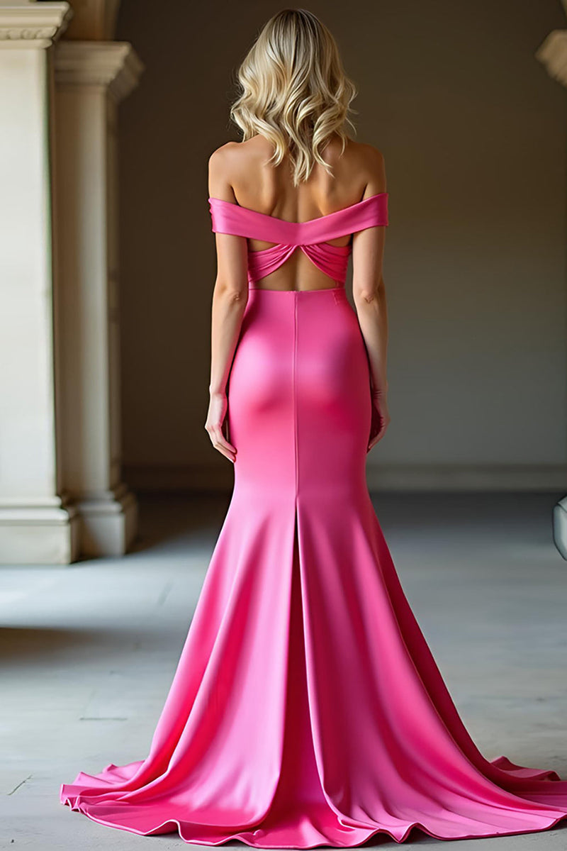 Laden Sie das Bild in den Galerie-Viewer, Einfaches Schulterfreies Meerjungfrauen Langes Fuchsia Ballkleid