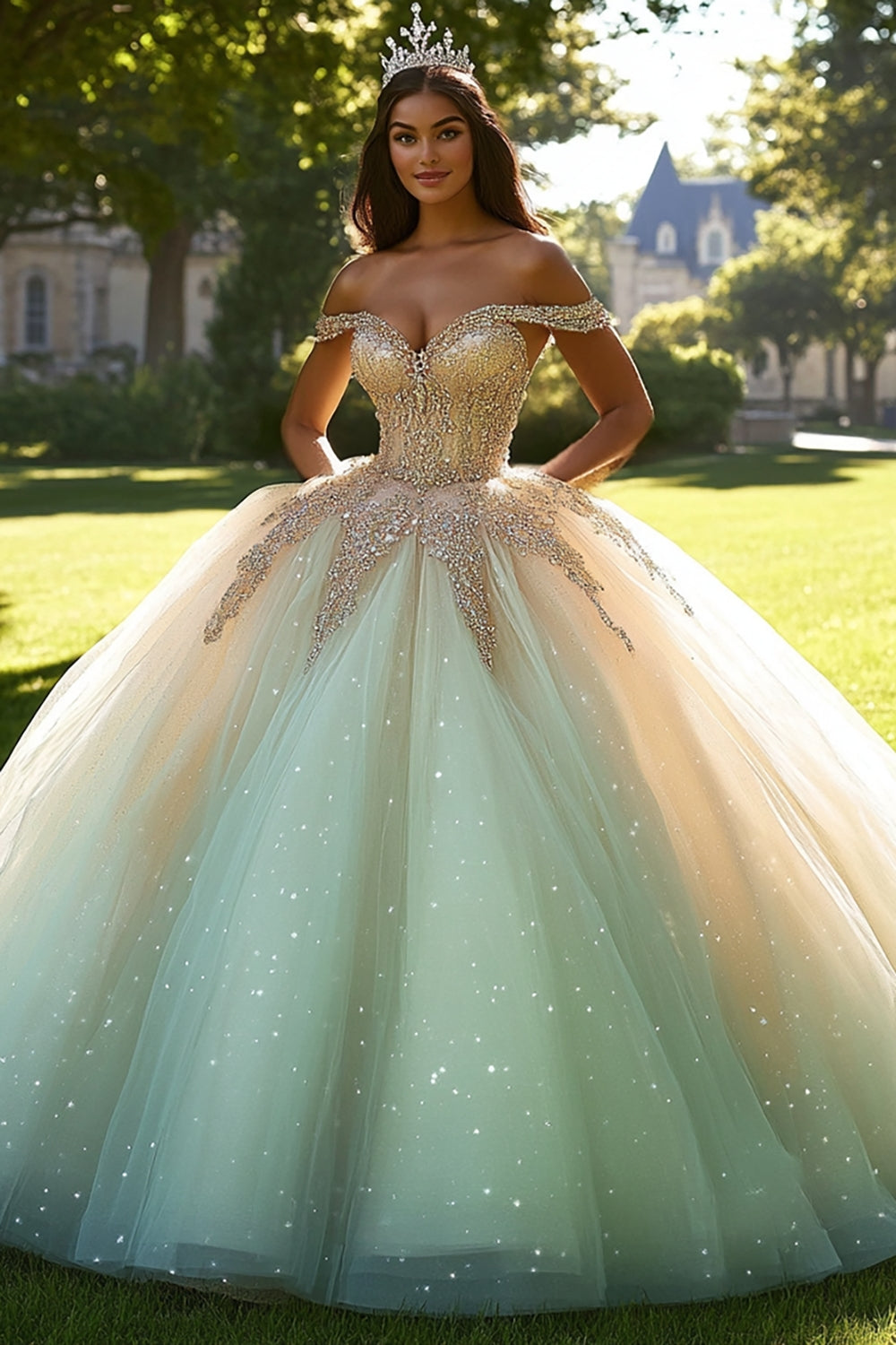 Glitzerndes Champagner Schulterfreies Tüll Quinceanera Kleid mit Perlen