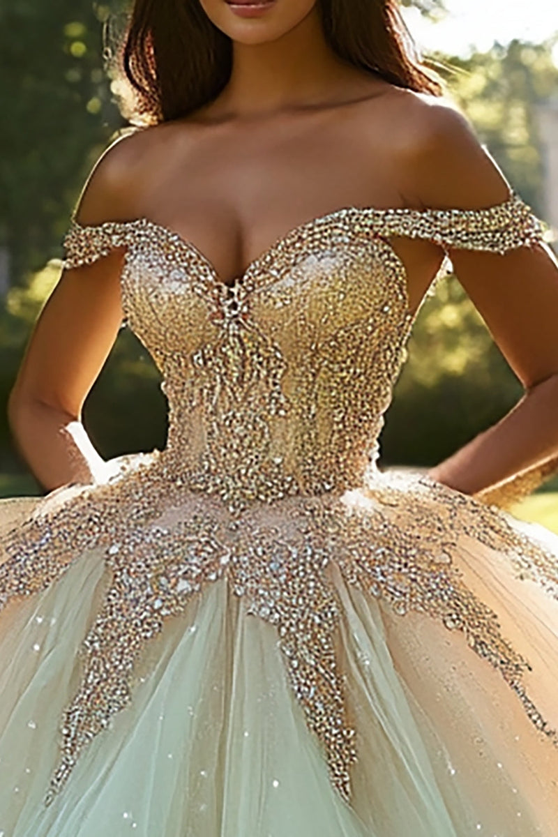 Laden Sie das Bild in den Galerie-Viewer, Glitzerndes Champagner Schulterfreies Tüll Quinceanera Kleid mit Perlen