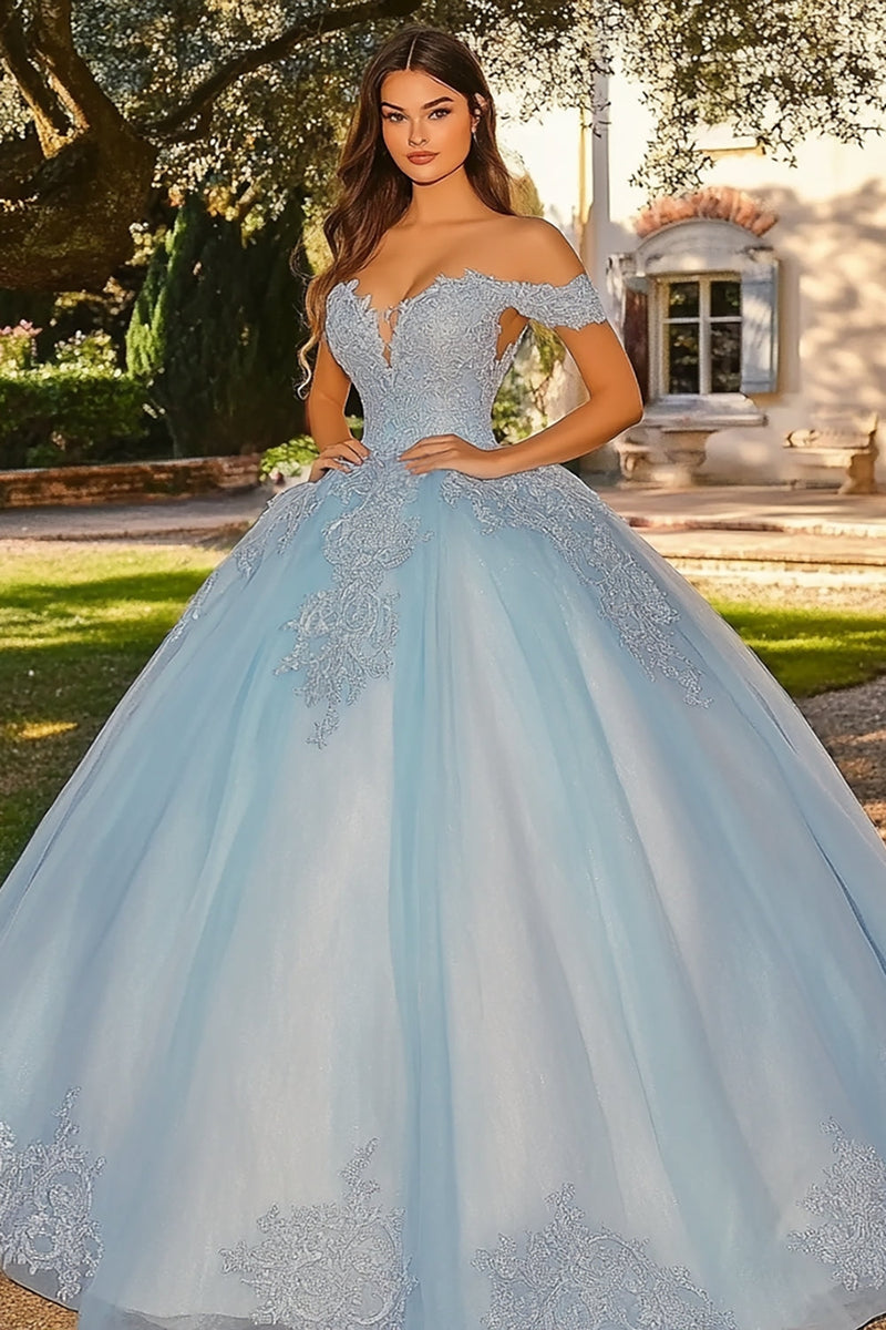 Laden Sie das Bild in den Galerie-Viewer, Himmelblaues Appliziertes Quinceanera Kleid mit Cape-Ärmeln