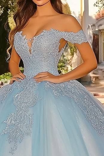 Himmelblaues Appliziertes Quinceanera Kleid mit Cape-Ärmeln