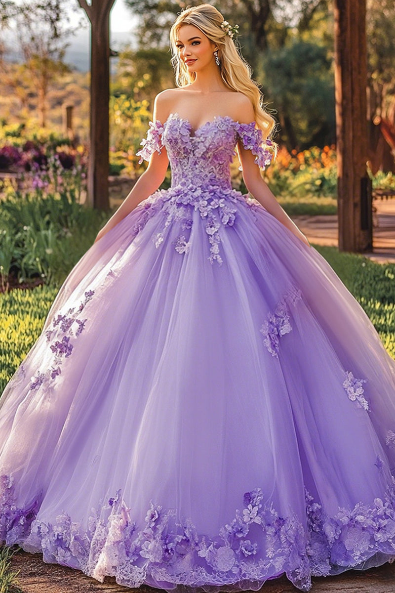 Laden Sie das Bild in den Galerie-Viewer, Flieder Bodenlanges Appliziertes Quinceanera Kleid mit 3D-Blumen