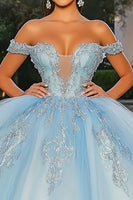 Laden Sie das Bild in den Galerie-Viewer, Prinzessin Himmelblaues Schulterfreies Quinceanera Kleid