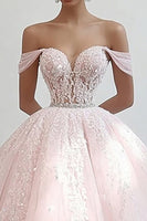 Laden Sie das Bild in den Galerie-Viewer, Prinzessin Rosa Ballkleid Schulterfreies Quinceanera Kleid aus Tüll mit Applikationen