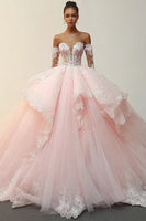 Laden Sie das Bild in den Galerie-Viewer, Prinzessin Rosa Ballkleid Trägerloses Rüschen Applikationen Tüll Quinceanera Kleid mit abnehmbaren Ärmeln