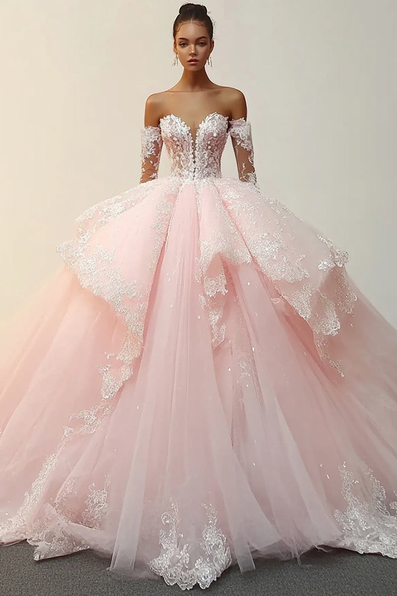Laden Sie das Bild in den Galerie-Viewer, Prinzessin Rosa Ballkleid Trägerloses Rüschen Applikationen Tüll Quinceanera Kleid mit abnehmbaren Ärmeln