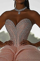 Laden Sie das Bild in den Galerie-Viewer, Funkelndes Rosa Ballkleid Trägerloses Pailletten Rüschen Quinceanera Kleid