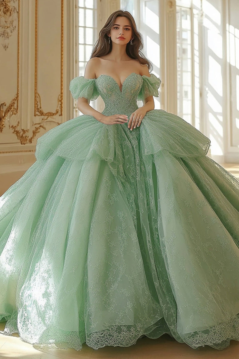 Laden Sie das Bild in den Galerie-Viewer, Mint Schulterfreies Quinceanera Kleid aus Tüll und Spitze mit Applikationen