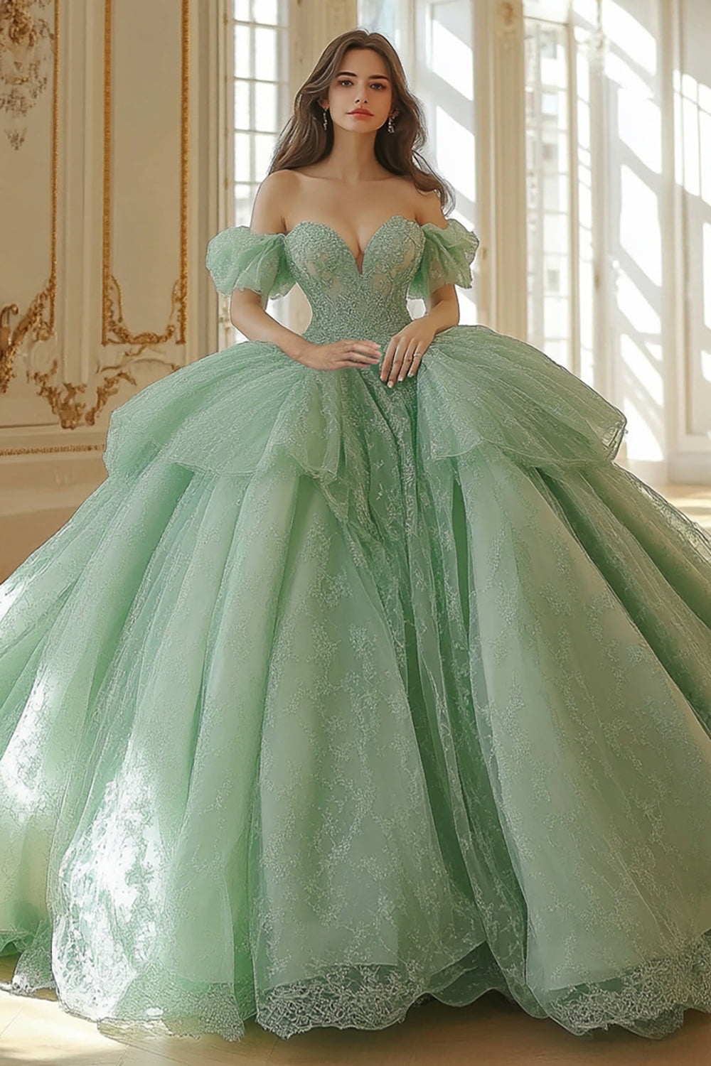 Mint Schulterfreies Quinceanera Kleid aus Tüll und Spitze mit Applikationen