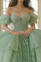 Laden Sie das Bild in den Galerie-Viewer, Mint Schulterfreies Quinceanera Kleid aus Tüll und Spitze mit Applikationen