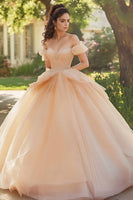 Laden Sie das Bild in den Galerie-Viewer, Champagner Schulterfreies Quinceanera Kleid aus Tüll und Spitze mit Applikationen