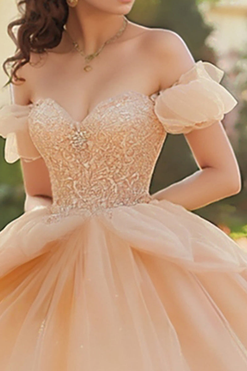Laden Sie das Bild in den Galerie-Viewer, Champagner Schulterfreies Quinceanera Kleid aus Tüll und Spitze mit Applikationen