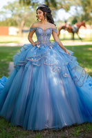 Laden Sie das Bild in den Galerie-Viewer, Blaues Schulterfreies Quinceanera Kleid aus Tüll und Spitze mit Applikationen
