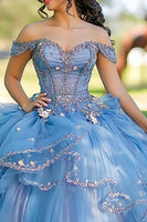 Laden Sie das Bild in den Galerie-Viewer, Blaues Schulterfreies Quinceanera Kleid aus Tüll und Spitze mit Applikationen