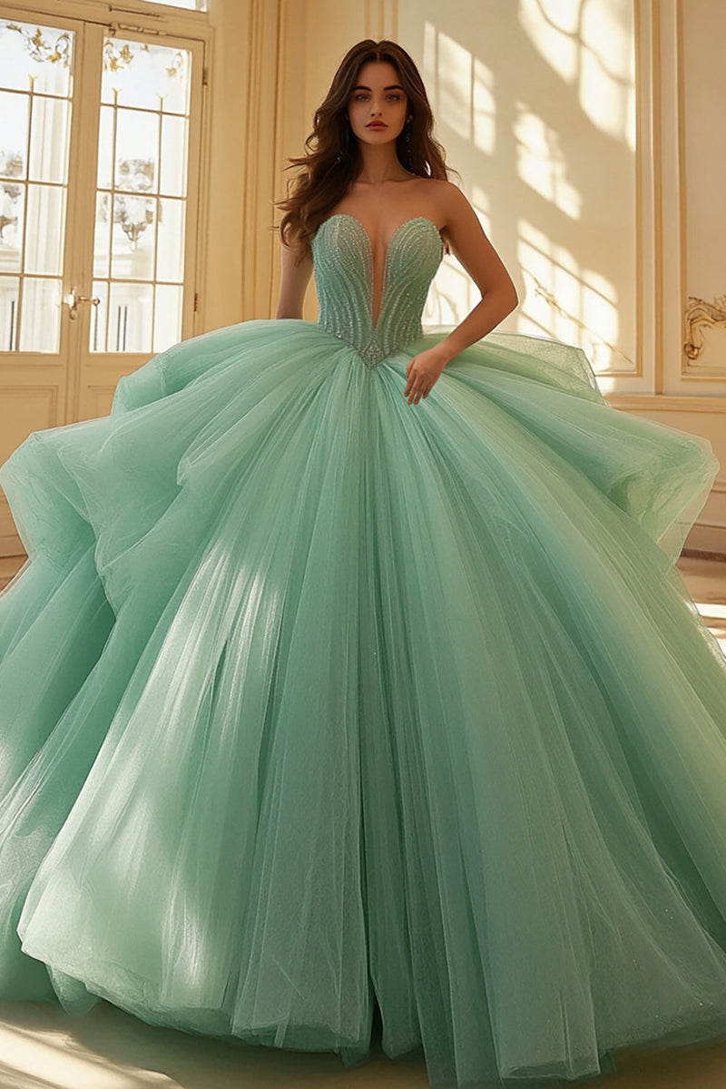 Laden Sie das Bild in den Galerie-Viewer, Mint Herzausschnitt Quinceanera Kleid aus Tüll und Spitze