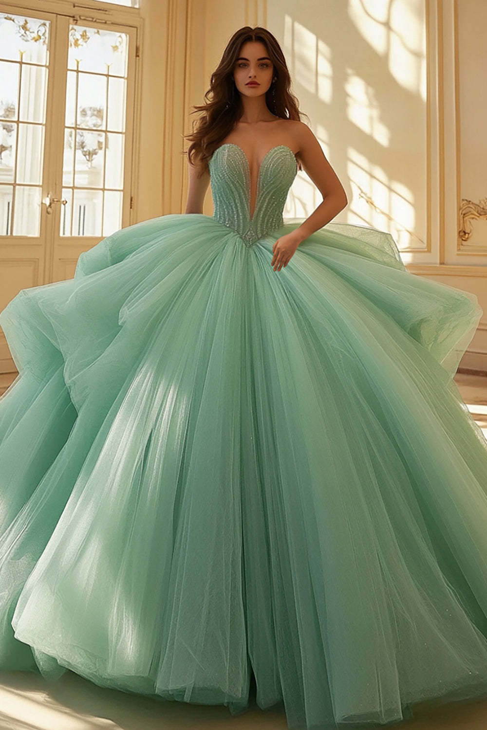 Mint Herzausschnitt Quinceanera Kleid aus Tüll und Spitze