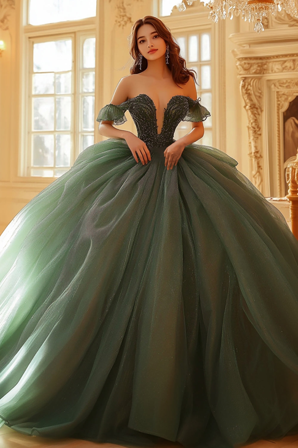 Olive Schulterfreies Quinceanera Kleid aus Organza und Spitze mit Applikationen