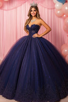 Laden Sie das Bild in den Galerie-Viewer, Glitzerndes Marineblaues Trägerloses Quinceanera Kleid aus Spitze mit Applikationen