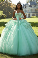 Laden Sie das Bild in den Galerie-Viewer, Mint Ballkleid Trägerloses Quinceanera Kleid aus Tüll mit Appliquie
