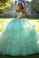 Laden Sie das Bild in den Galerie-Viewer, Mint Ballkleid Trägerloses Quinceanera Kleid aus Tüll mit Applikationen