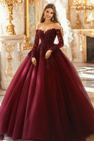 Laden Sie das Bild in den Galerie-Viewer, Burgundy Schulterfreies Ball Quinceanera Kleid mit 3/4 Ärmeln
