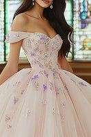 Laden Sie das Bild in den Galerie-Viewer, Rosa Ballkleid Schulterfreies Quinceanera Kleid aus Tüll mit Applikationen