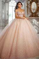 Laden Sie das Bild in den Galerie-Viewer, Glitzerndes Champagner Schulterfreies Ball Quinceanera Kleid mit Applikationen