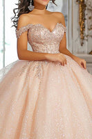 Laden Sie das Bild in den Galerie-Viewer, Glitzerndes Champagner Schulterfreies Ball Quinceanera Kleid mit Applikationen