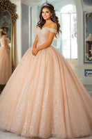 Laden Sie das Bild in den Galerie-Viewer, Glitzer Champagner Schulterfreies Quinceanera Kleid aus Spitze mit Applikationen