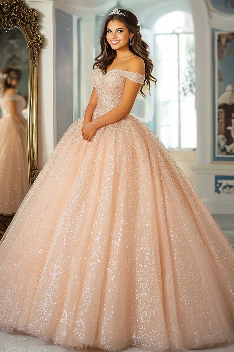 Laden Sie das Bild in den Galerie-Viewer, Glitzer Champagner Schulterfreies Quinceanera Kleid aus Spitze mit Applikationen