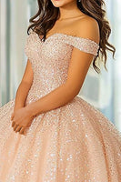 Laden Sie das Bild in den Galerie-Viewer, Glitzer Champagner Schulterfreies Quinceanera Kleid aus Spitze mit Applikationen