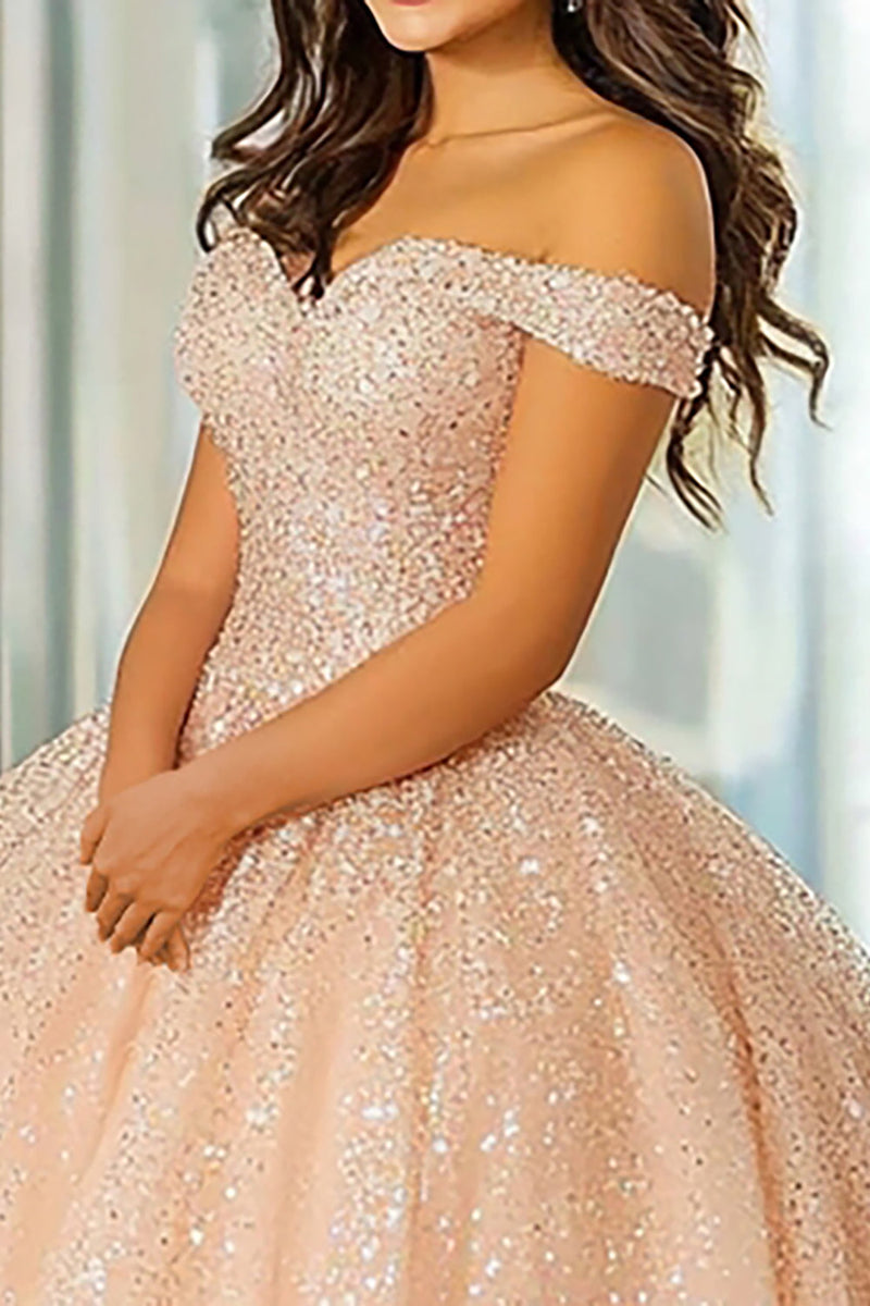 Laden Sie das Bild in den Galerie-Viewer, Glitzer Champagner Schulterfreies Quinceanera Kleid aus Spitze mit Applikationen