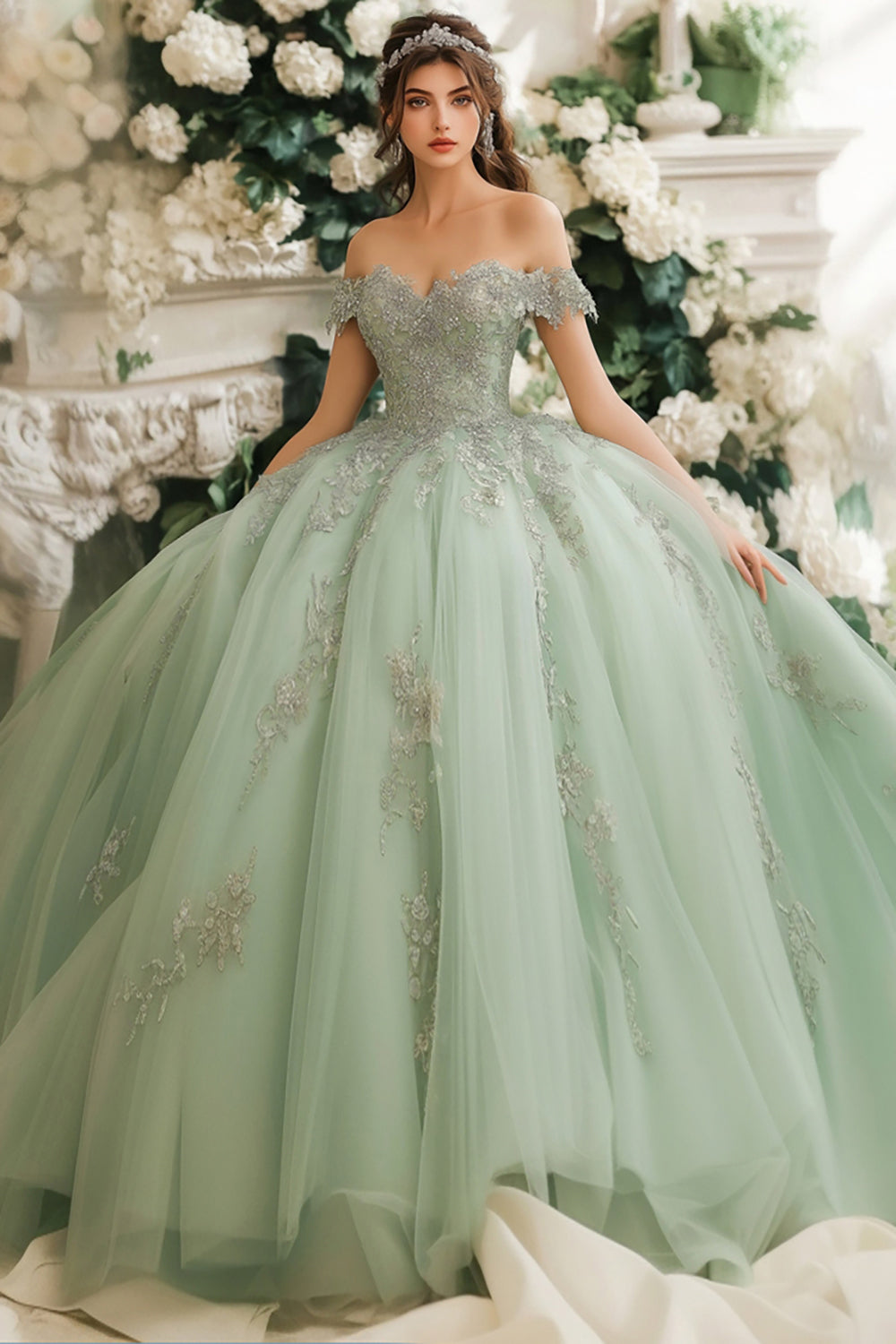 Dusty Sage Schulterfreies Tüll Quinceanera Kleid aus Spitze mit Applikationen