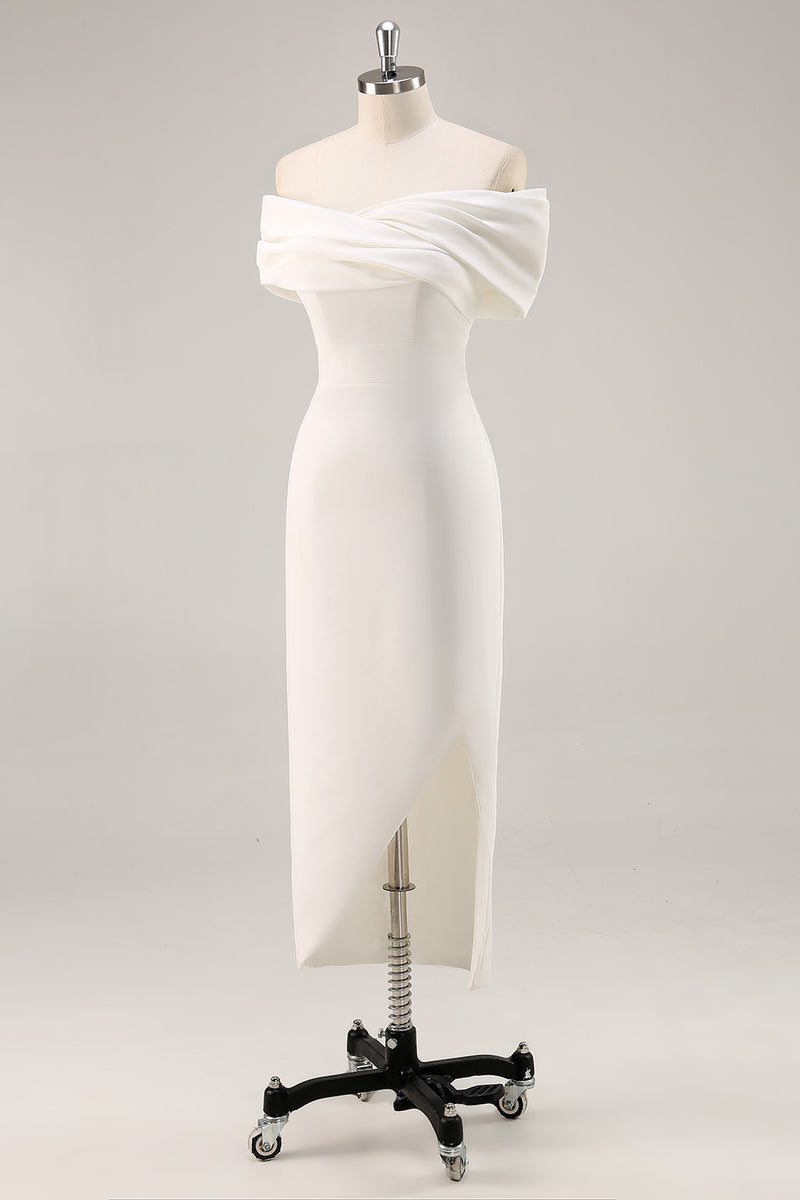 Laden Sie das Bild in den Galerie-Viewer, Weißes Schulterfreies Etui Standesamtkleid aus Satin