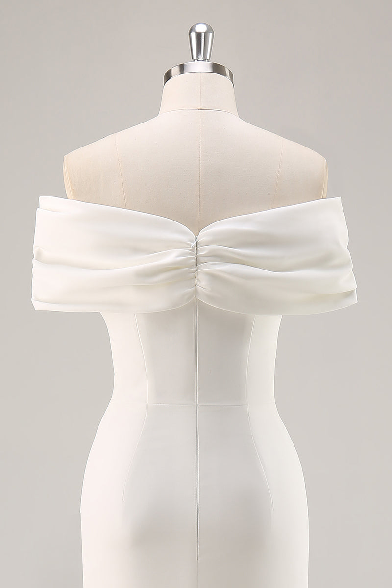 Laden Sie das Bild in den Galerie-Viewer, Weißes Schulterfreies Etui Standesamtkleid aus Satin