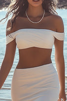 Laden Sie das Bild in den Galerie-Viewer, Weißes Schulterfreies Chiffon Standesamtkleid mit Schlitz