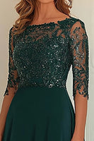 Laden Sie das Bild in den Galerie-Viewer, Chiffon Spitze Dunkelgrünes Mutter Der Braut Kleid mit 3/4 Ärmeln