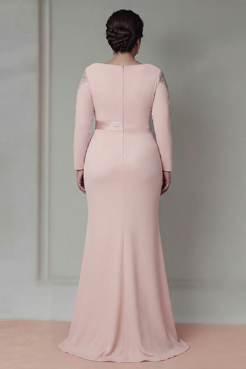 Laden Sie das Bild in den Galerie-Viewer, Sheath Blush Langärmeliges Satin Plus-Size Mutter der Braut Kleid mit Rüschen