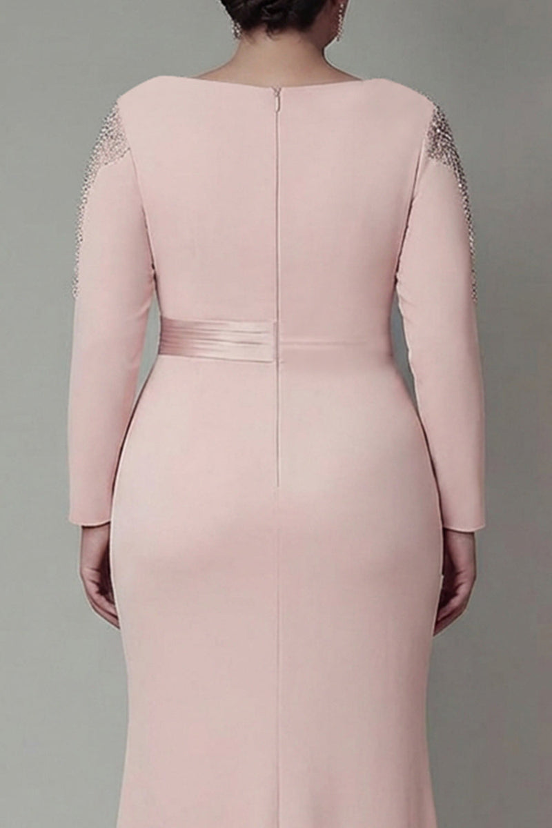 Laden Sie das Bild in den Galerie-Viewer, Sheath Blush Langärmeliges Satin Plus-Size Mutter der Braut Kleid mit Rüschen