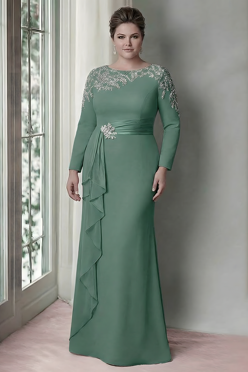 Laden Sie das Bild in den Galerie-Viewer, Sheath Blush Langärmeliges Satin Plus-Size Mutter der Braut Kleid mit Rüschen